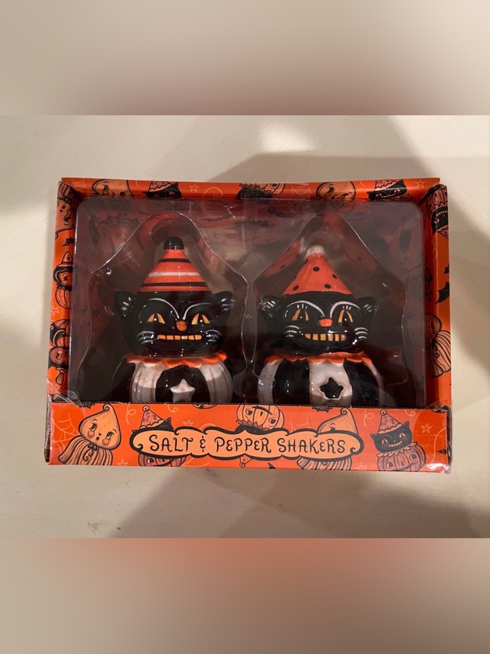 Halloween Black Cat Salt & Pepper Shaker Set - Orange & Black